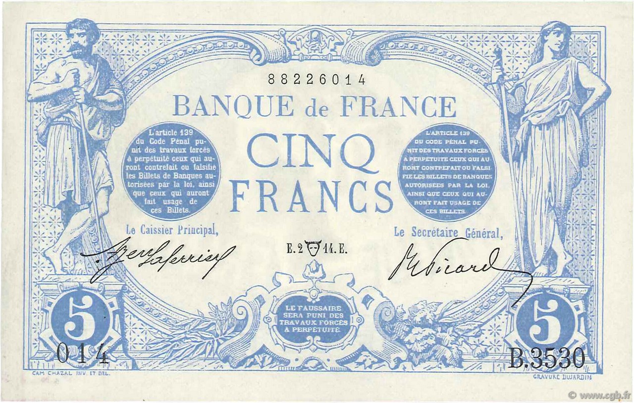 5 Francs BLEU FRANCIA  1914 F.02.22 AU