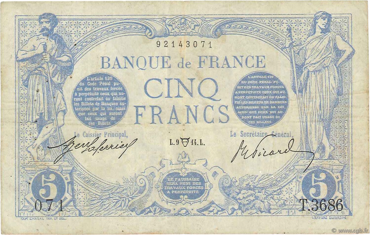 5 Francs BLEU FRANKREICH  1914 F.02.22 fSS