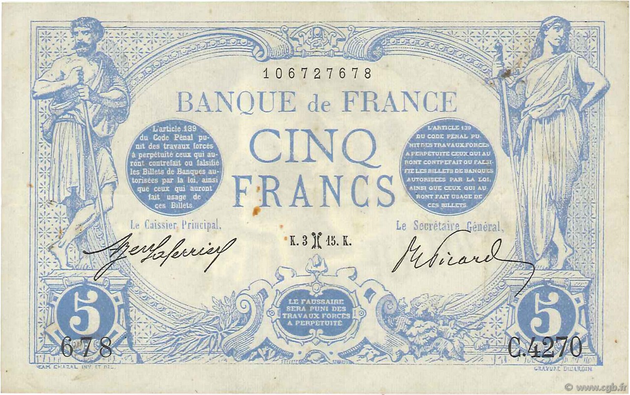 5 Francs BLEU FRANKREICH  1915 F.02.24 fVZ