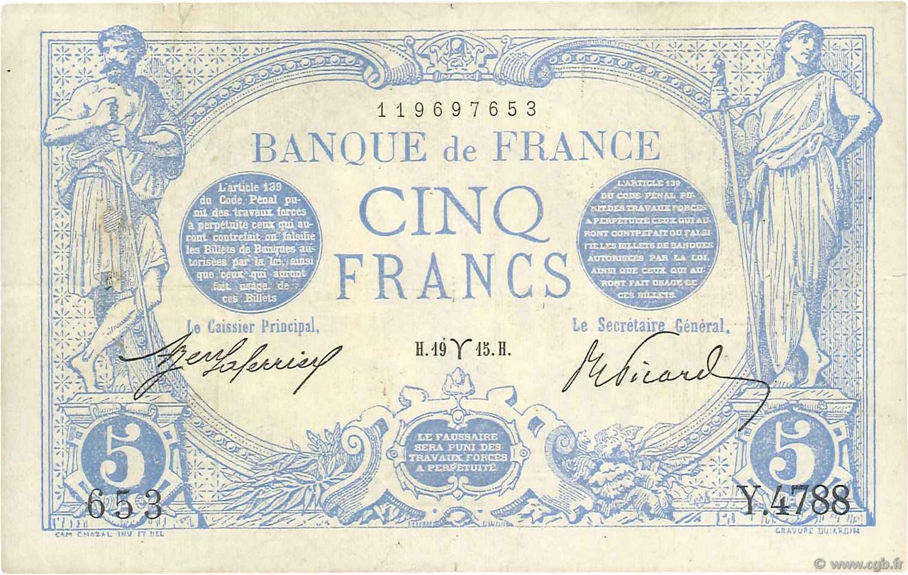 5 Francs BLEU FRANCIA  1915 F.02.25 MBC