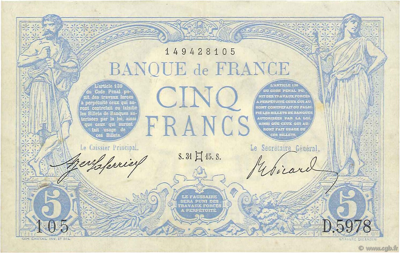 5 Francs BLEU FRANKREICH  1915 F.02.27 VZ
