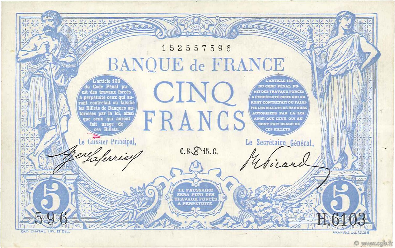 5 Francs BLEU FRANKREICH  1915 F.02.28 VZ