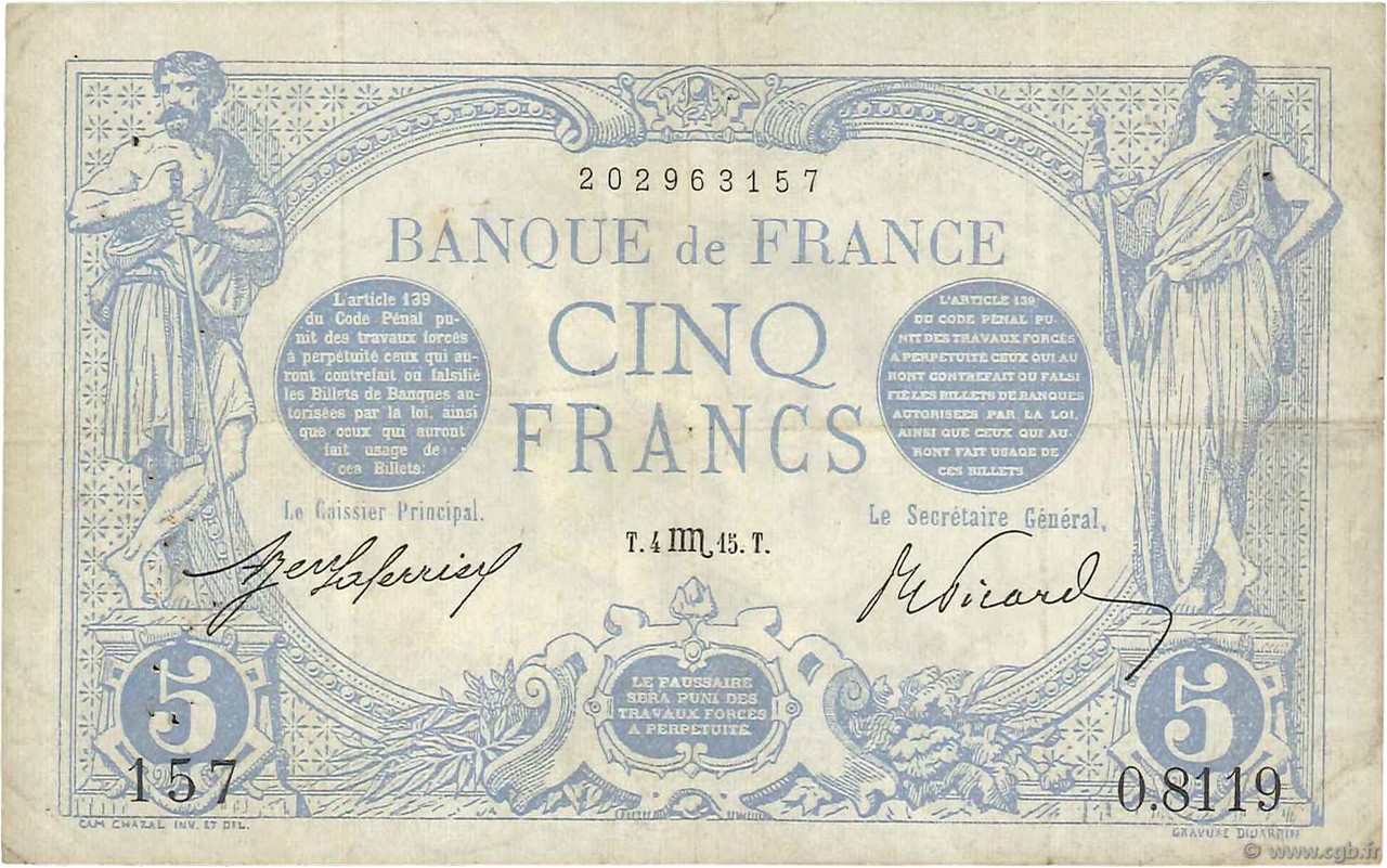 5 Francs BLEU FRANCIA  1915 F.02.32 q.BB