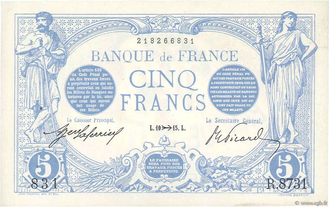 5 Francs BLEU FRANCE  1915 F.02.33 AU