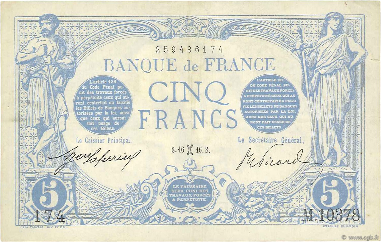 5 Francs BLEU FRANCE  1916 F.02.36 VF+