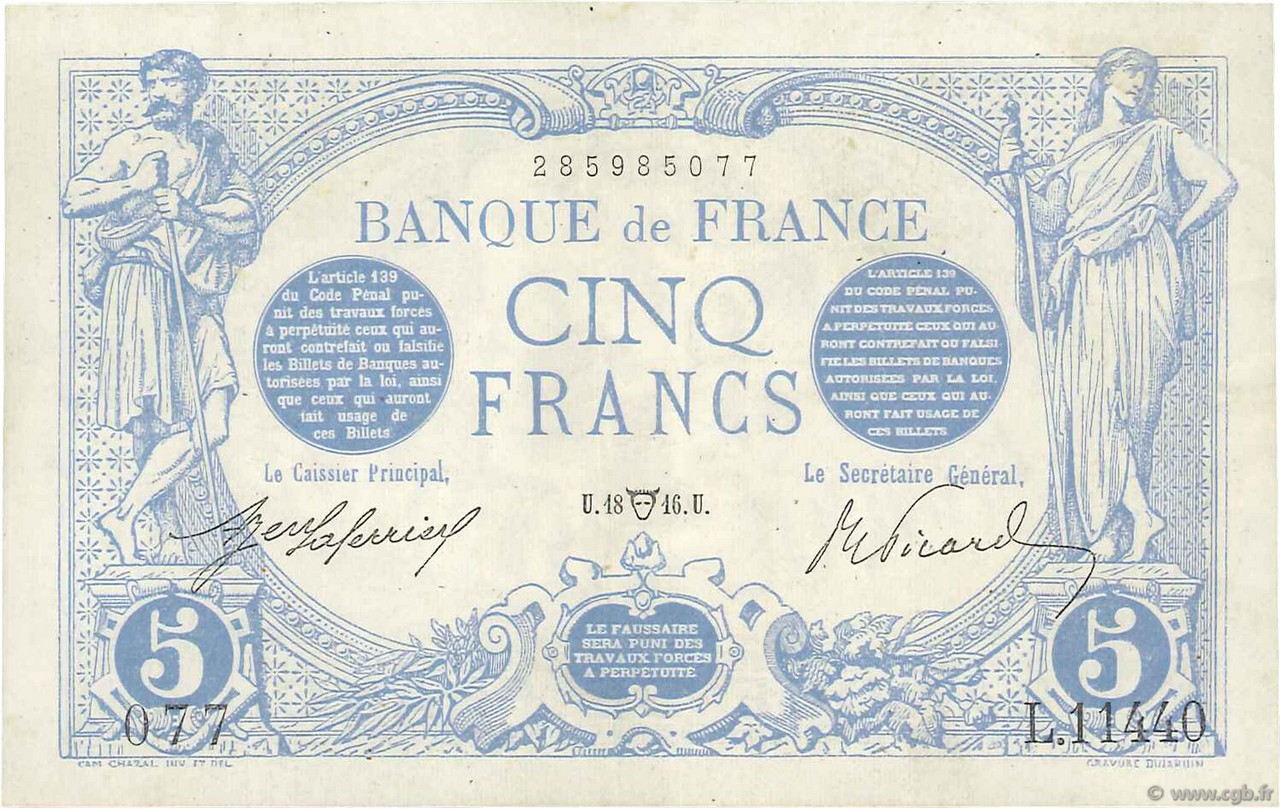 5 Francs BLEU FRANKREICH  1916 F.02.38 VZ