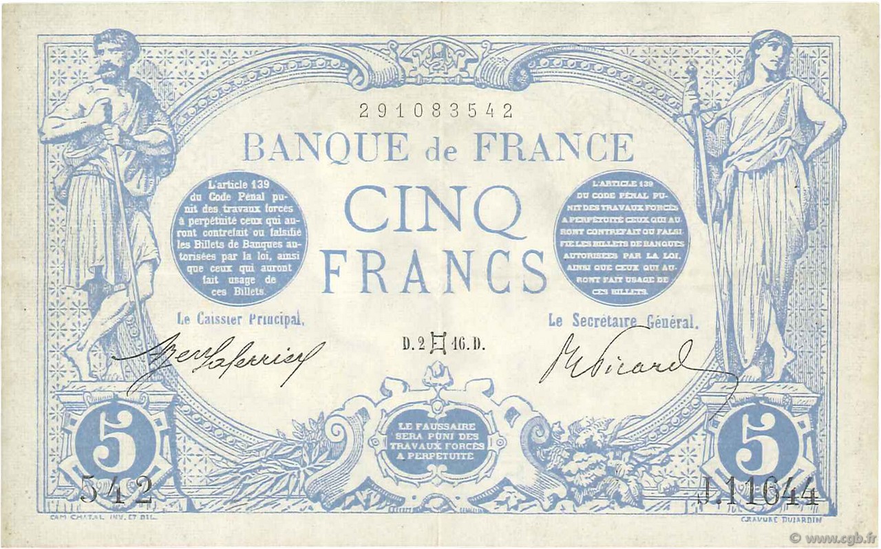 5 Francs BLEU FRANCIA  1916 F.02.39 q.SPL