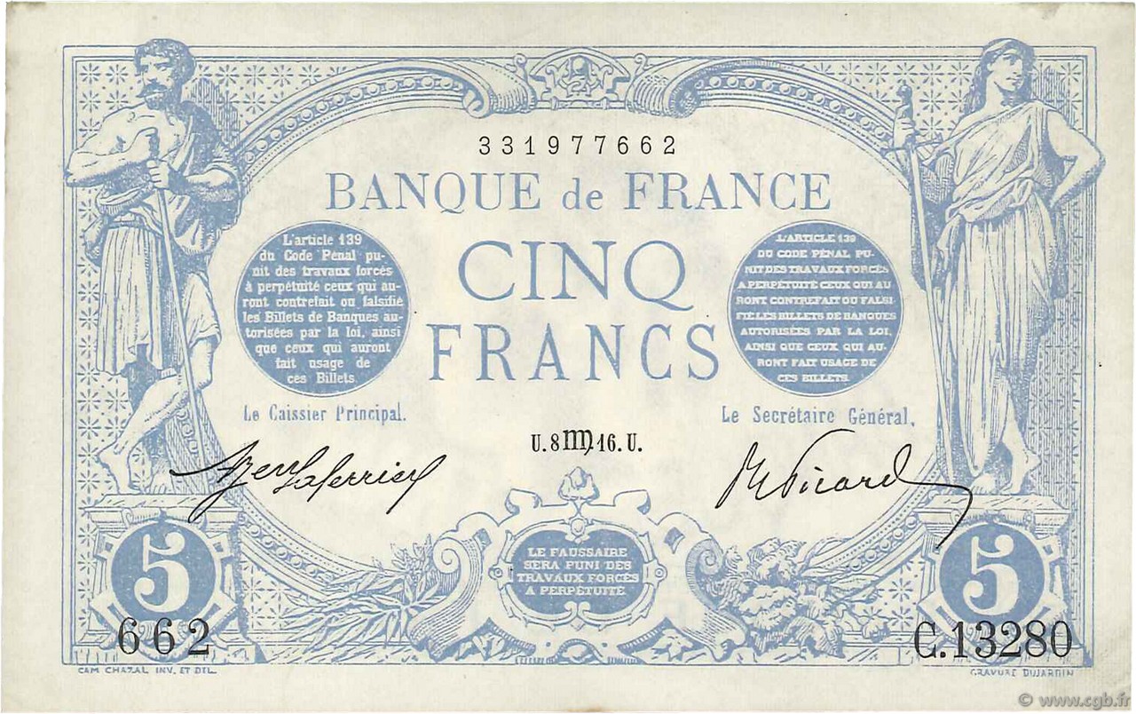 5 Francs BLEU FRANCE  1916 F.02.42 XF+