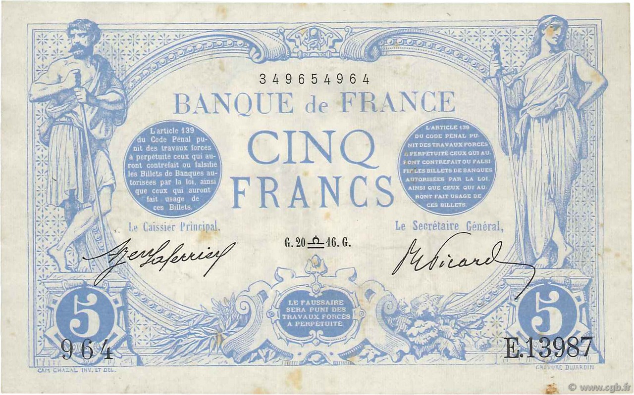 5 Francs BLEU FRANCIA  1916 F.02.43 MBC