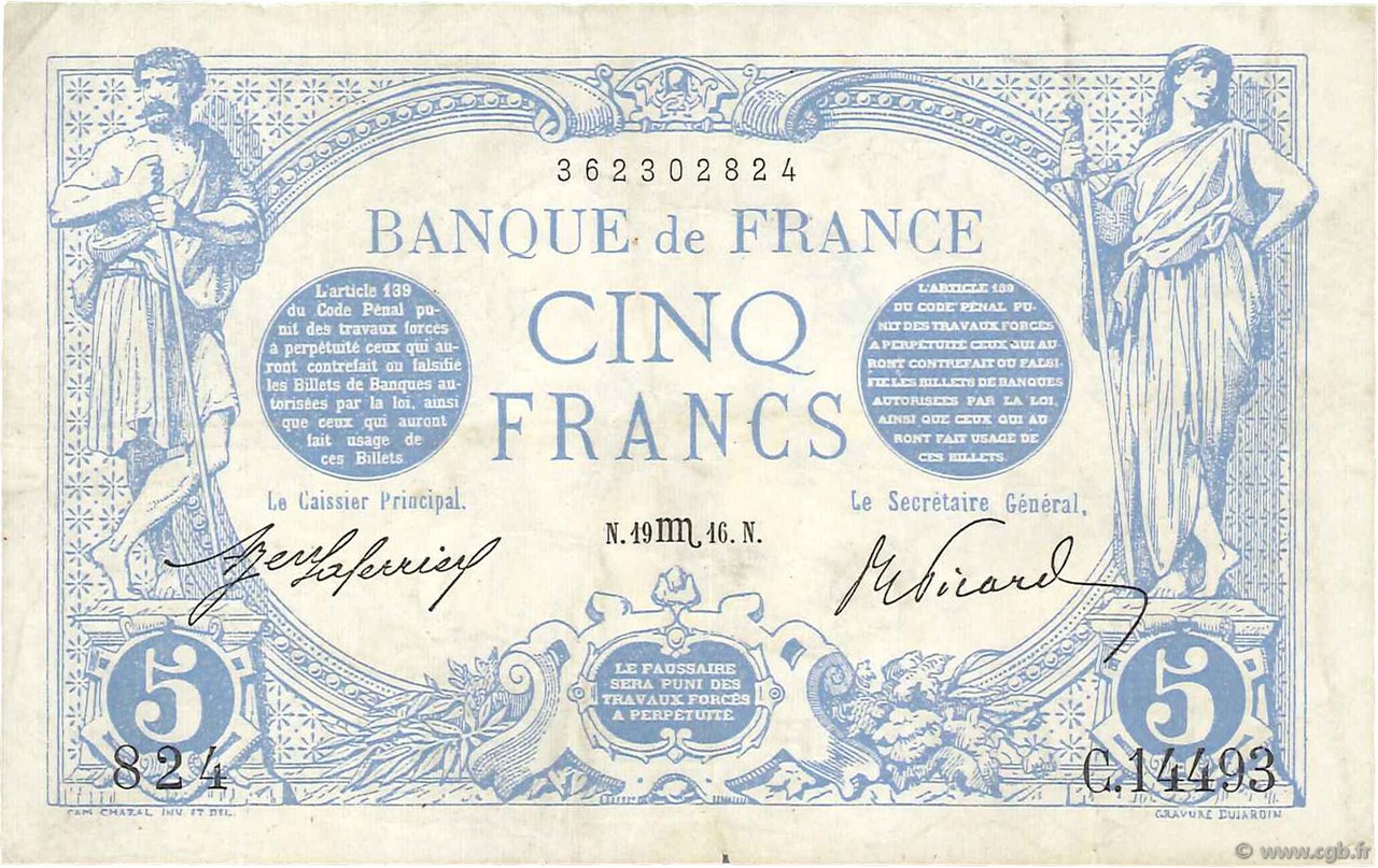 5 Francs BLEU FRANCE  1916 F.02.44 pr.TTB
