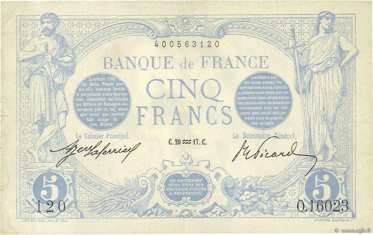 5 Francs BLEU FRANCIA  1917 F.02.47 MBC+