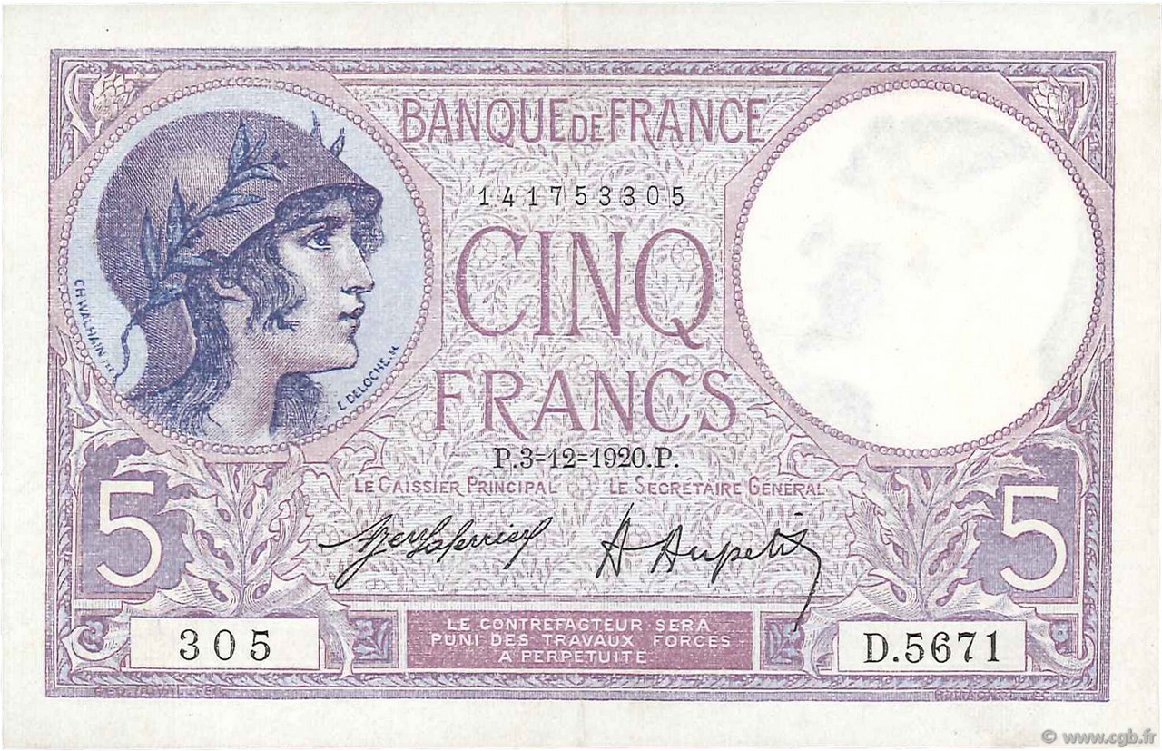 5 Francs FEMME CASQUÉE FRANKREICH  1920 F.03.04 VZ+