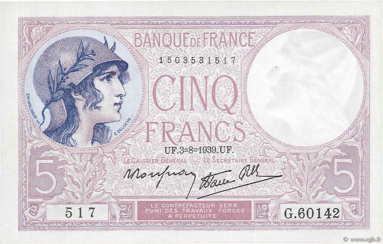 5 Francs FEMME CASQUÉE modifié FRANCE  1939 F.04.04 AU+