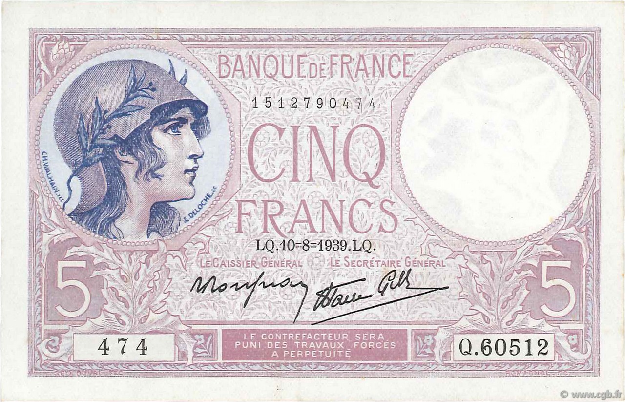 5 Francs FEMME CASQUÉE modifié FRANCIA  1939 F.04.05 EBC
