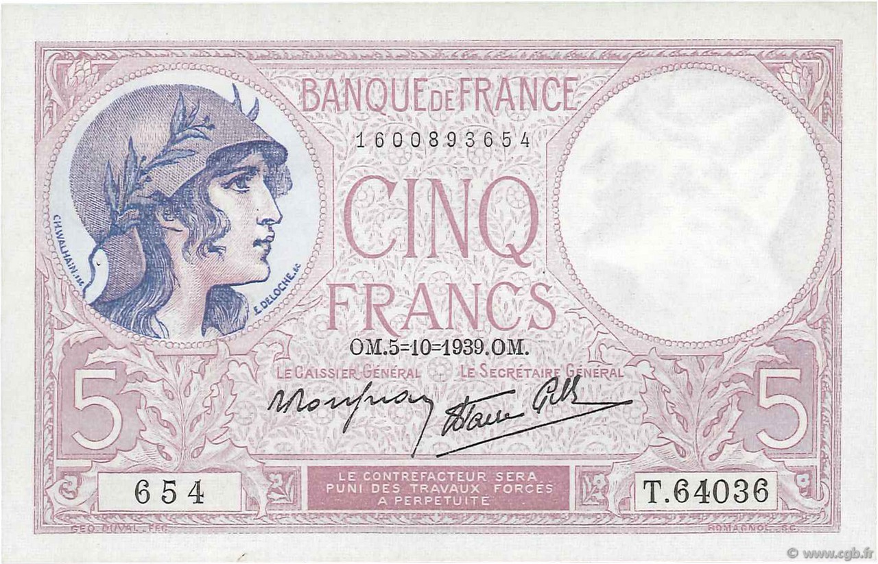 5 Francs FEMME CASQUÉE modifié FRANCE  1939 F.04.11 SUP+