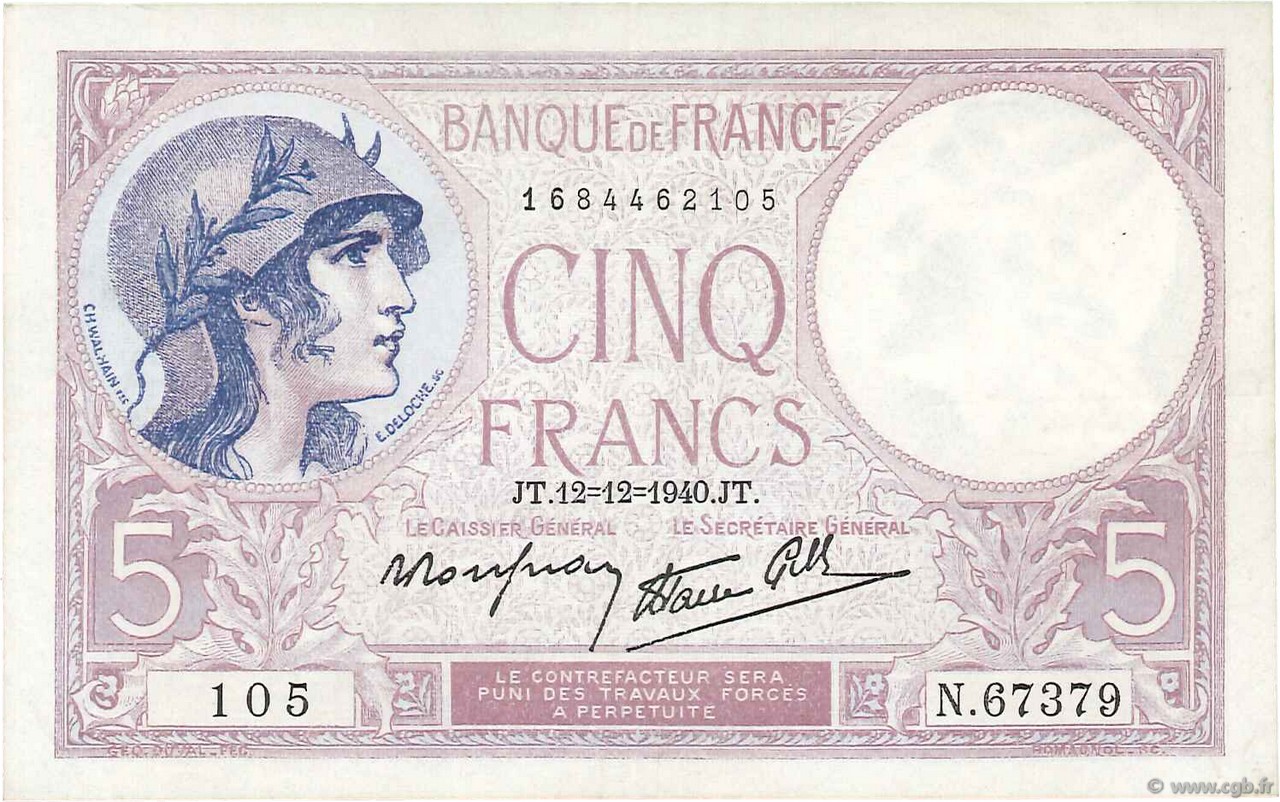 5 Francs FEMME CASQUÉE modifié FRANKREICH  1940 F.04.17 VZ