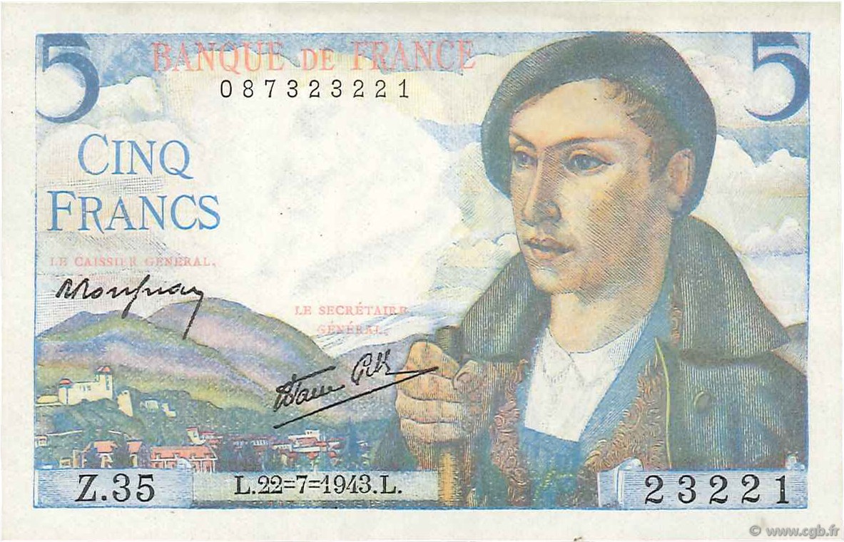 5 Francs BERGER FRANCIA  1943 F.05.02 FDC