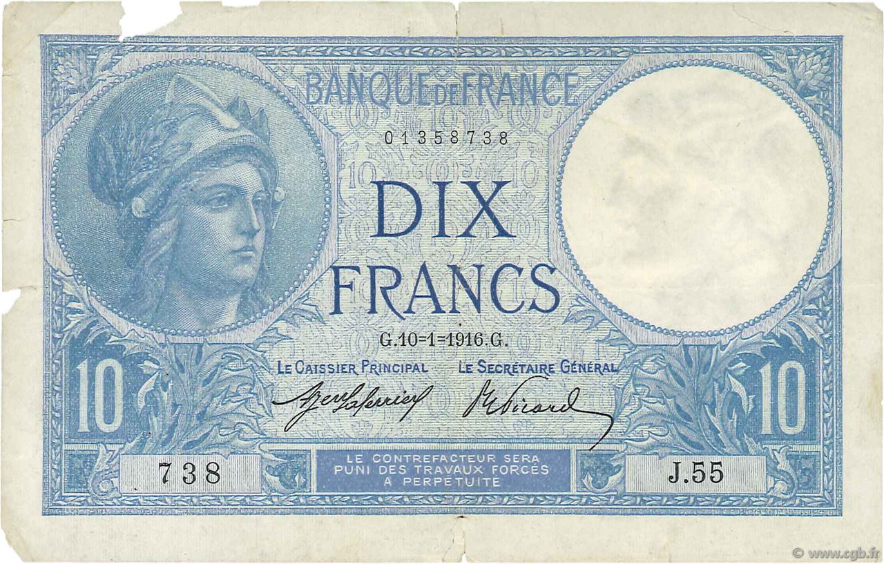 10 Francs MINERVE FRANCIA  1916 F.06.01 RC+