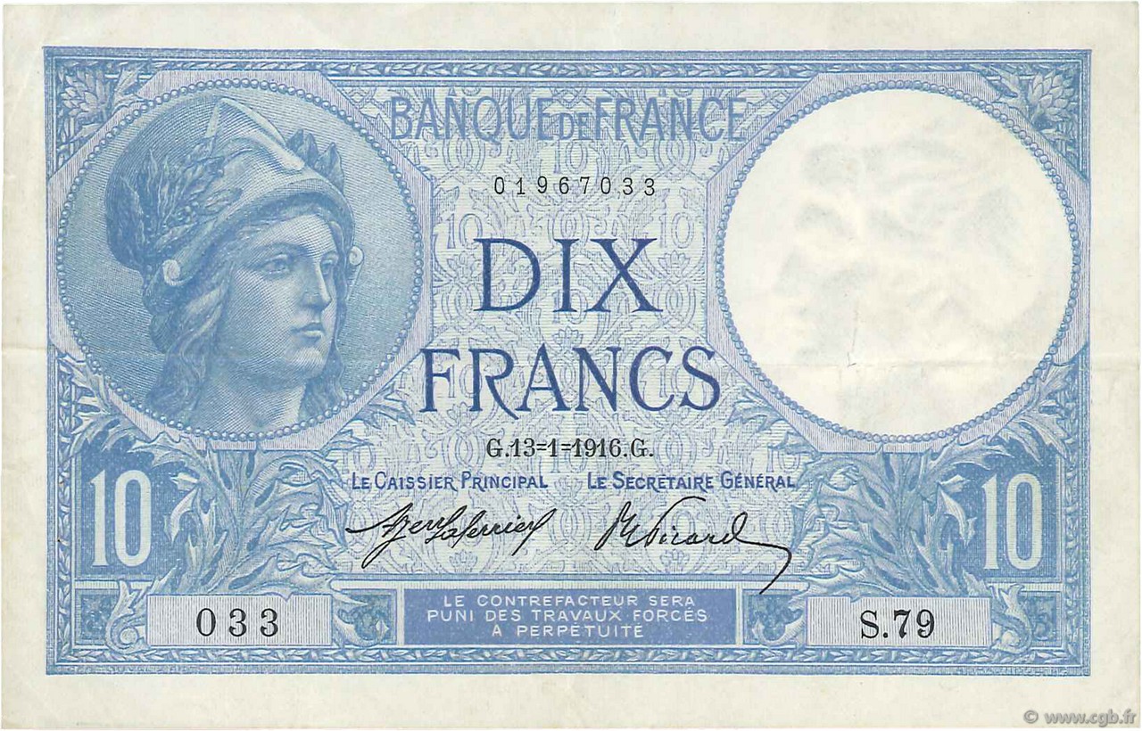 10 Francs MINERVE FRANCE  1916 F.06.01 TTB+