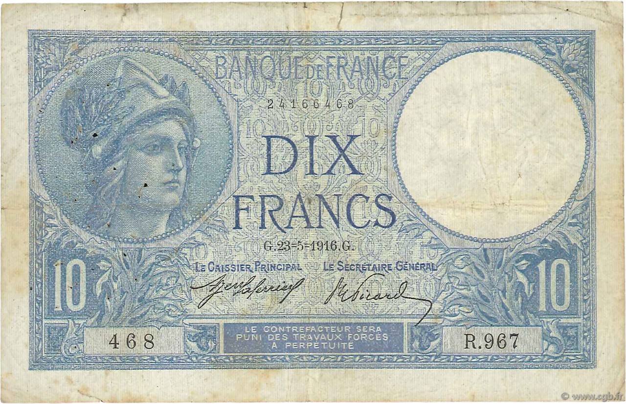 10 Francs MINERVE FRANCIA  1916 F.06.01 B