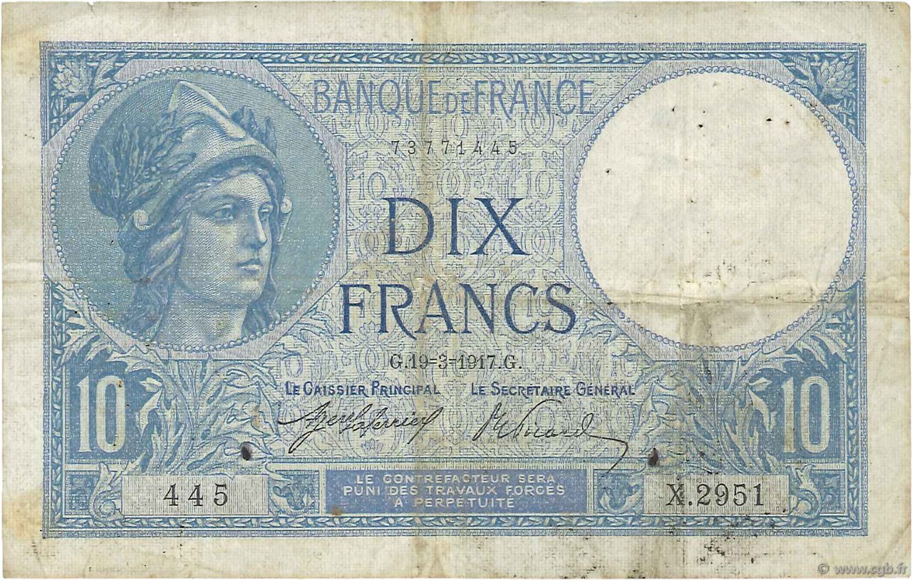 10 Francs MINERVE FRANCIA  1917 F.06.02 RC+
