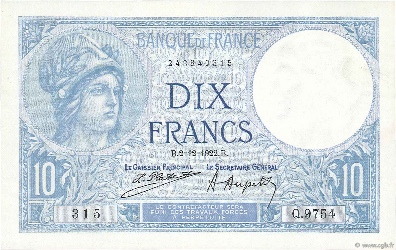 10 Francs MINERVE FRANKREICH  1922 F.06.06 fST