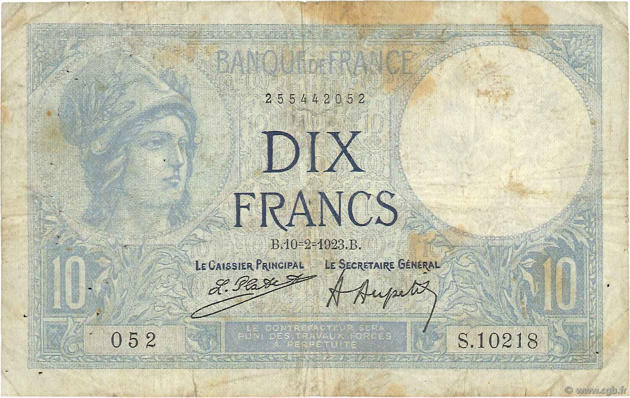 10 Francs MINERVE FRANKREICH  1923 F.06.07 fS