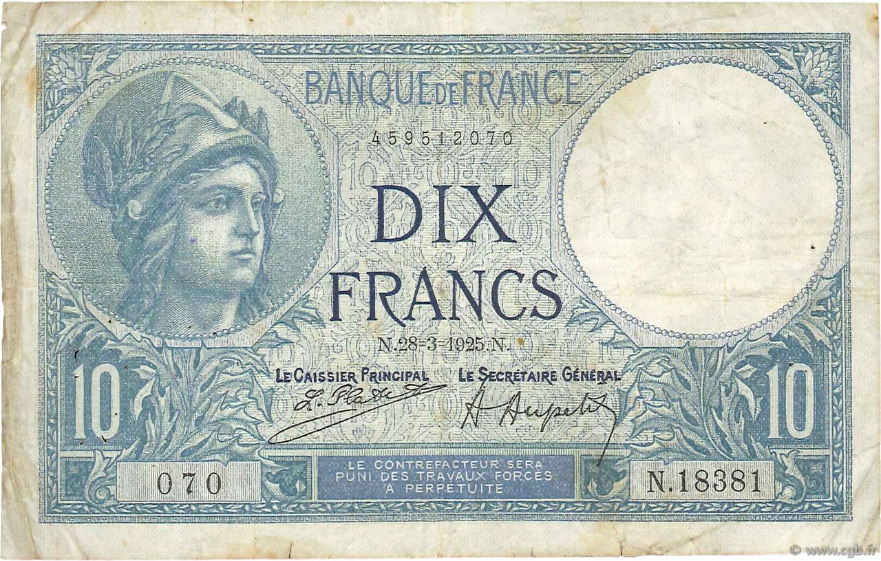 10 Francs MINERVE Numéro radar FRANCE  1925 F.06.09 G