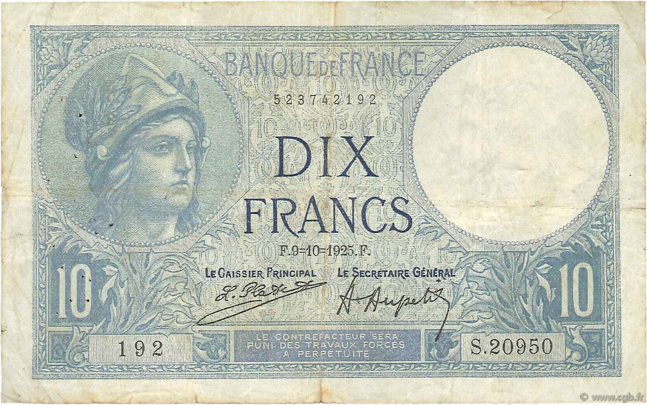 10 Francs MINERVE FRANCIA  1925 F.06.09 MB