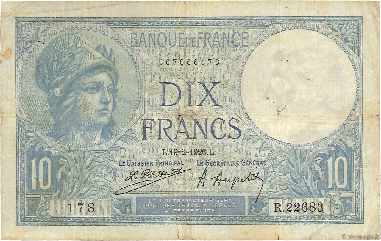 10 Francs MINERVE FRANCIA  1926 F.06.10 q.MB
