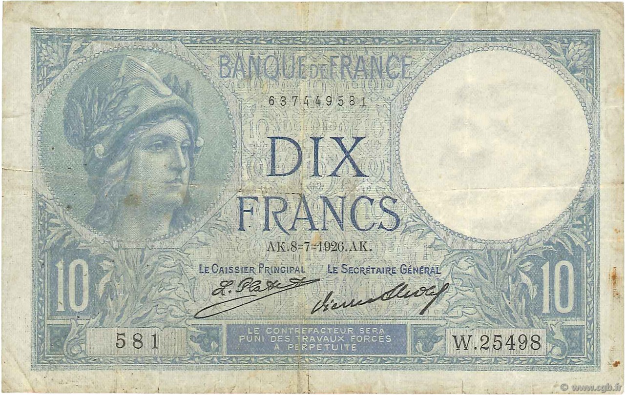 10 Francs MINERVE FRANCE  1926 F.06.11 F