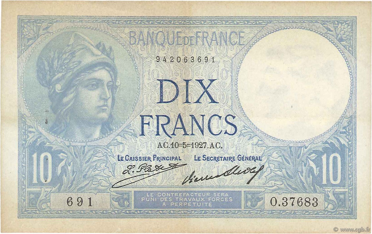 10 Francs MINERVE FRANCE  1927 F.06.12 VF