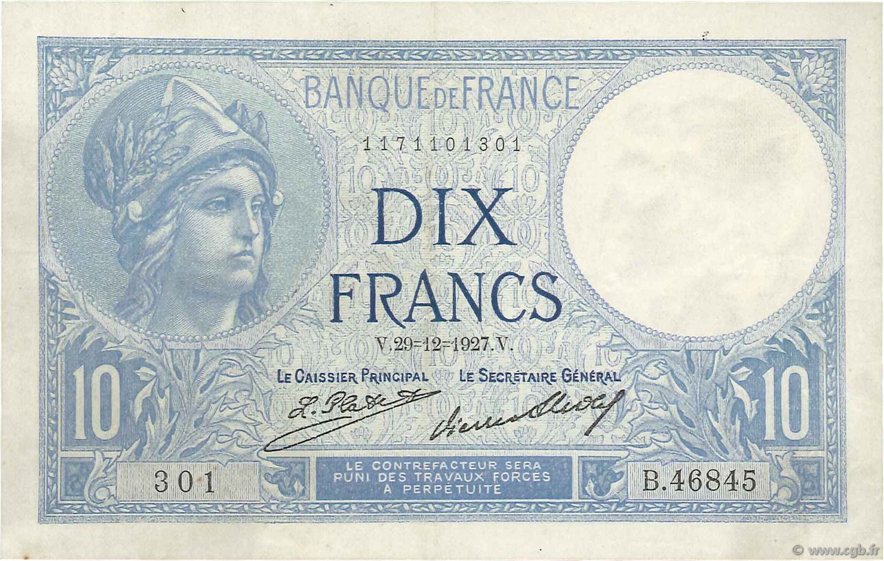 10 Francs MINERVE FRANKREICH  1927 F.06.12 SS to VZ