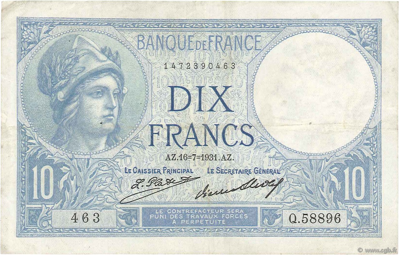 10 Francs MINERVE FRANCE  1931 F.06.15 TTB