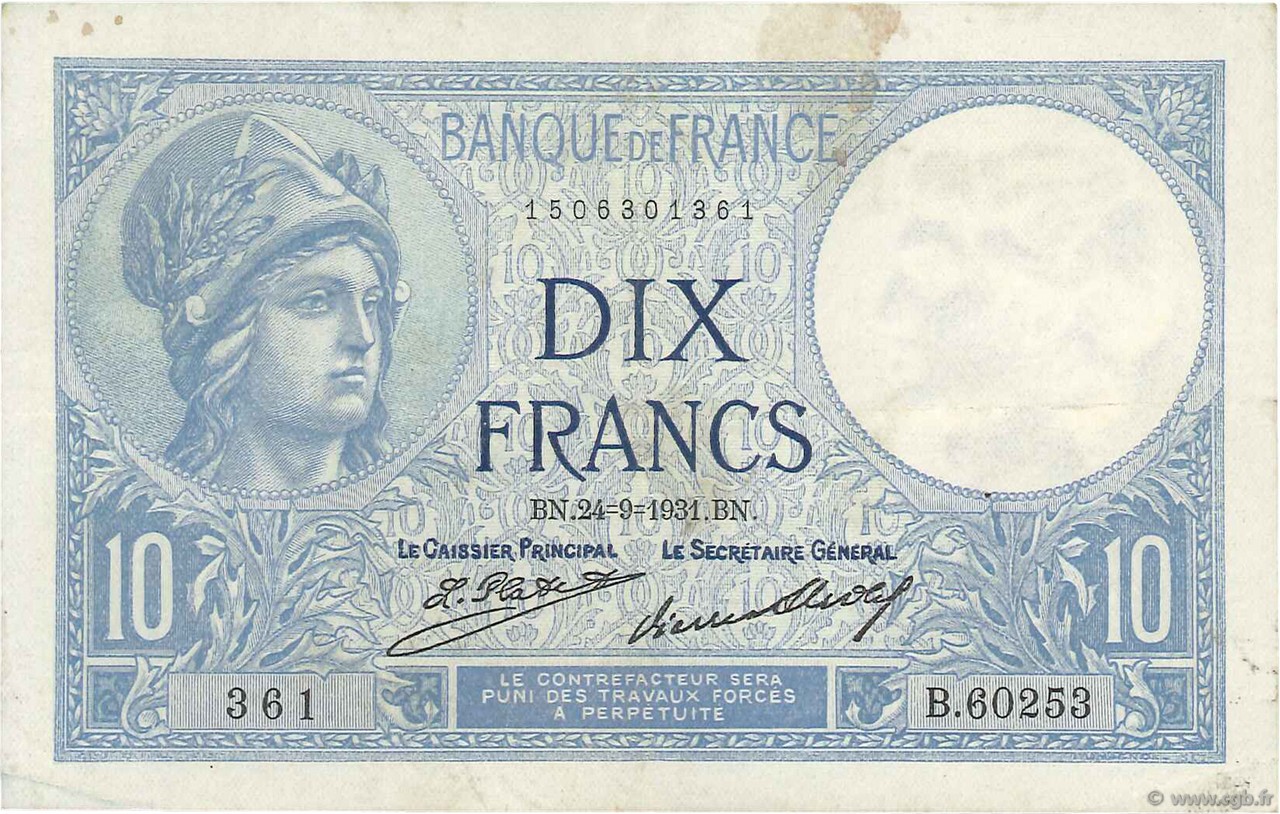 10 Francs MINERVE FRANCIA  1931 F.06.15 MBC