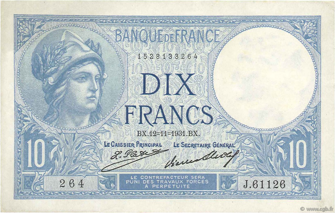 10 Francs MINERVE FRANCE  1931 F.06.15 VF+