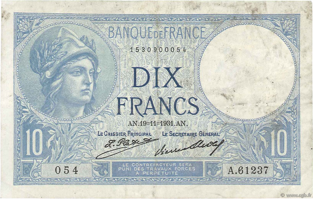 10 Francs MINERVE FRANCE  1931 F.06.15 TTB