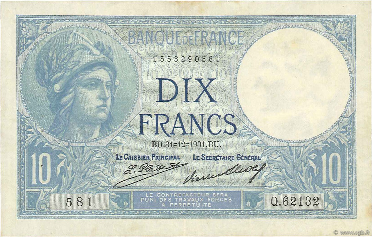 10 Francs MINERVE FRANCIA  1931 F.06.15 q.SPL