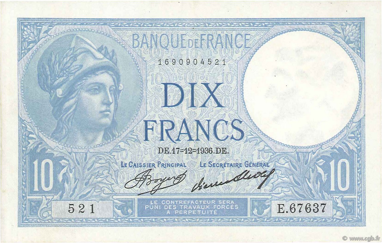10 Francs MINERVE FRANCIA  1936 F.06.17 q.AU