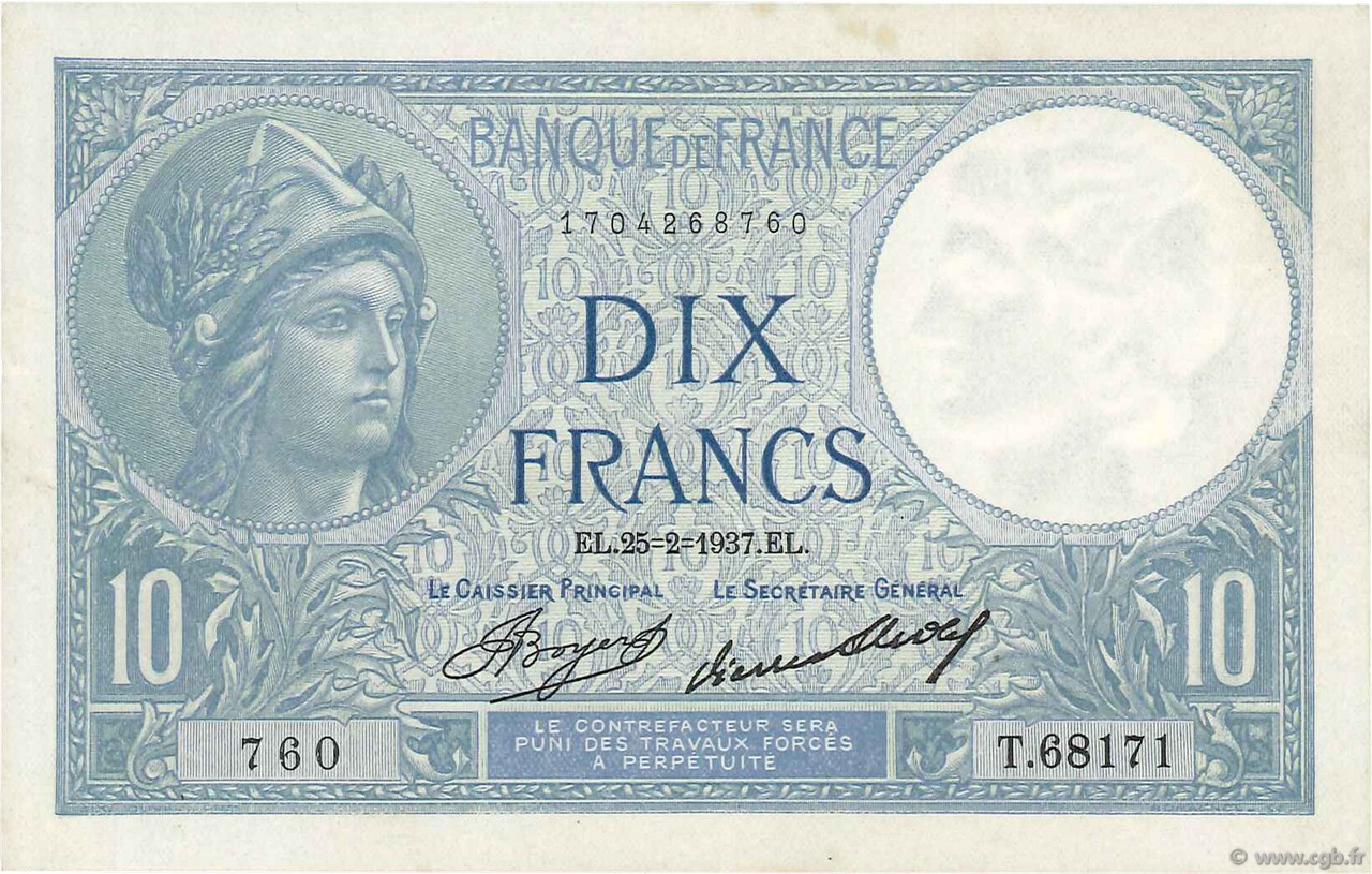 10 Francs MINERVE FRANCE  1937 F.06.18 SUP