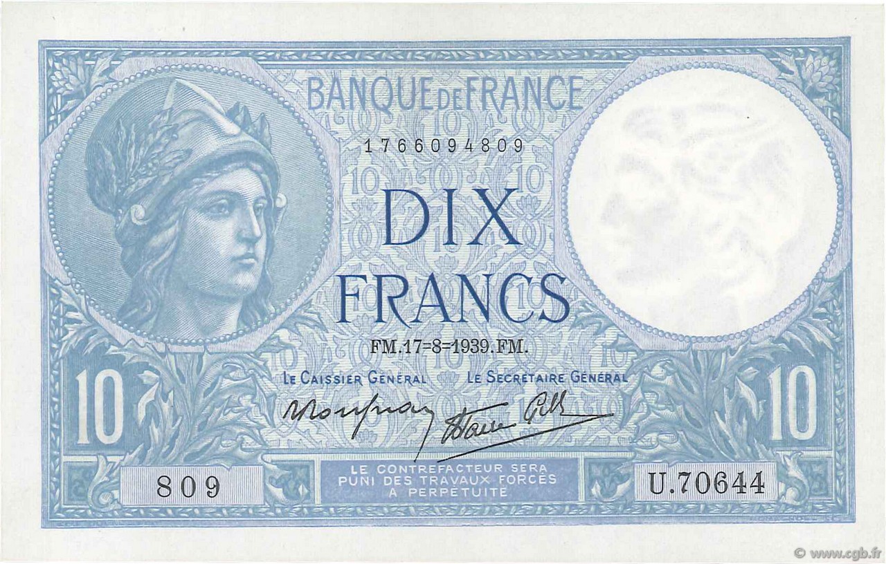 10 Francs MINERVE modifié FRANCIA  1939 F.07.05 SC