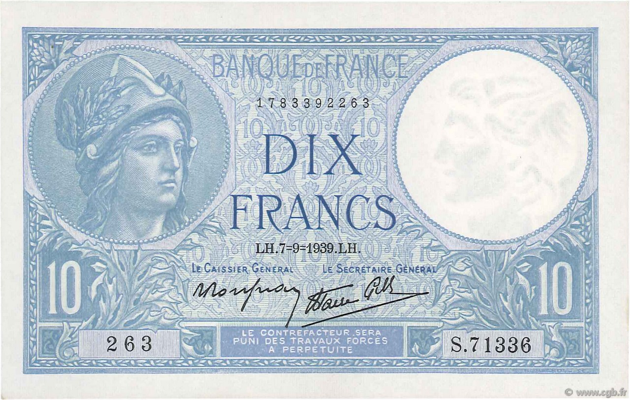 10 Francs MINERVE modifié FRANKREICH  1939 F.07.06 fST+