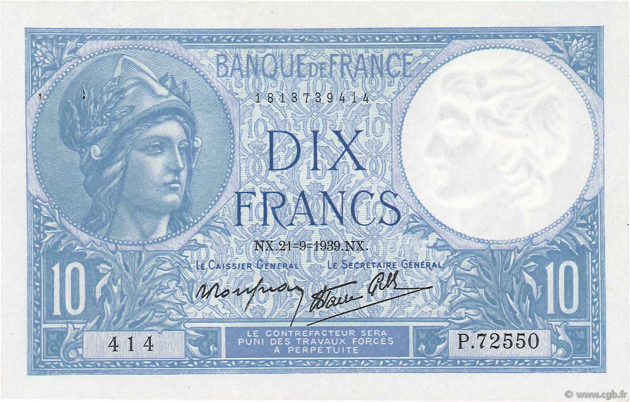 10 Francs MINERVE modifié FRANCE  1939 F.07.08 pr.SPL