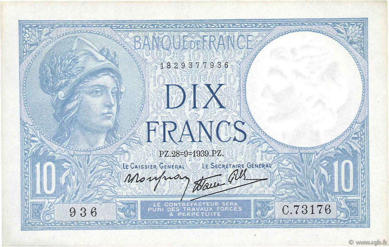 10 Francs MINERVE modifié FRANCE  1939 F.07.09 AU+