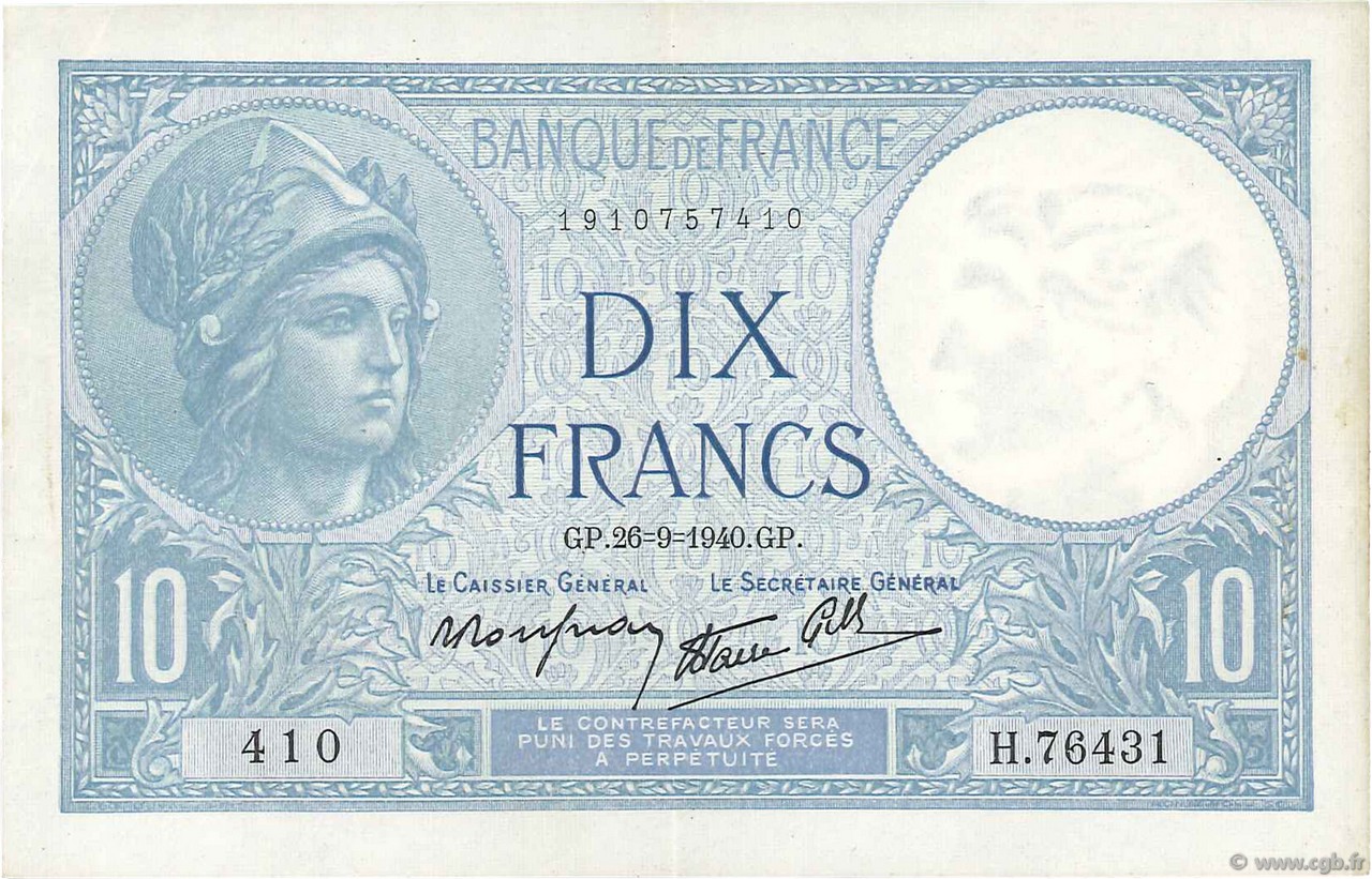 10 Francs MINERVE modifié FRANCE  1940 F.07.15 pr.SUP