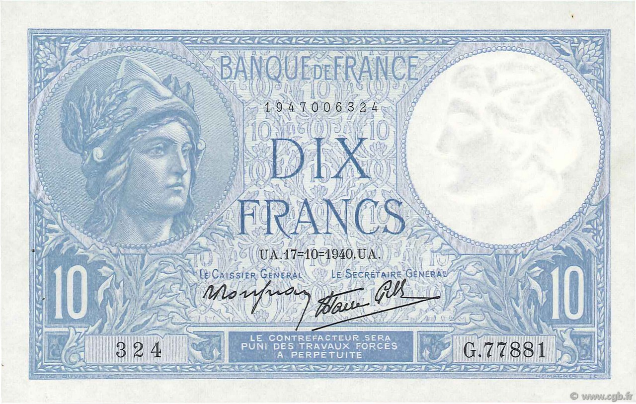 10 Francs MINERVE modifié FRANCIA  1940 F.07.17 q.AU