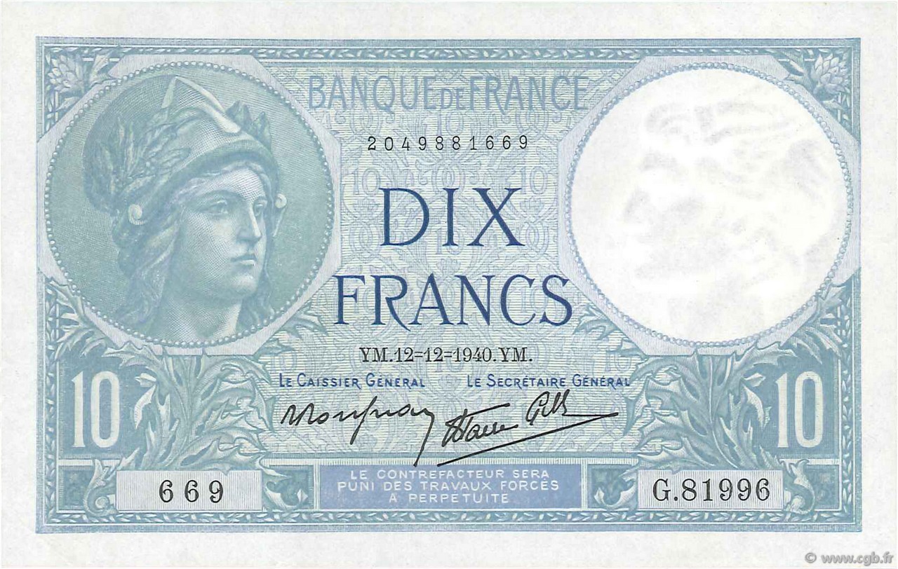 10 Francs MINERVE modifié FRANCE  1940 F.07.24 pr.SUP