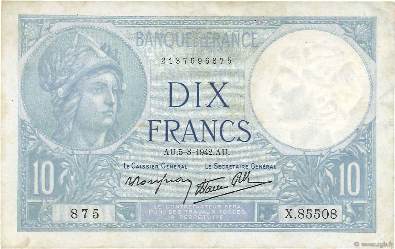 10 Francs MINERVE modifié FRANCIA  1942 F.07.31 MBC