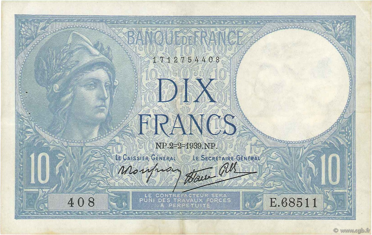 10 Francs MINERVE modifié FRANKREICH  1939 F.07.01 SS
