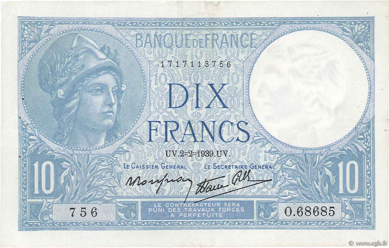 10 Francs MINERVE modifié FRANCE  1939 F.07.01 VF+